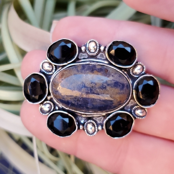 New Oversized Sodalite & Black Spinnel 925 Silver Statement Ring. - Picture 2 of 16
